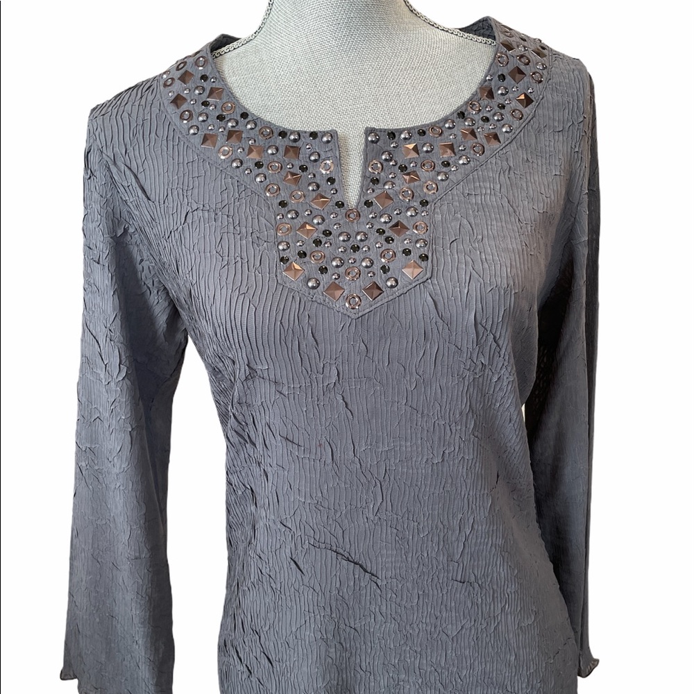 Pleats Collection Embellished Gray Blouse Medium